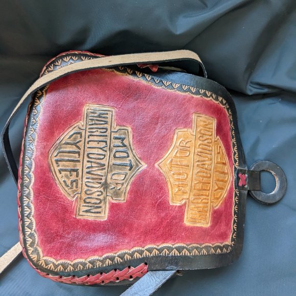 Vtg New Harley-Davidson Multicolor Tooled Adjustable Strap Leather Bag - Picture 8 of 12